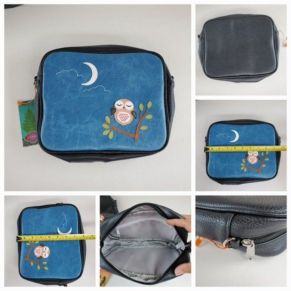 Lavishy Sleepy Owl Applique Toiletry Bag Vegan/Faux Leather Nylon Recyclable NOS - Picture 12 of 12